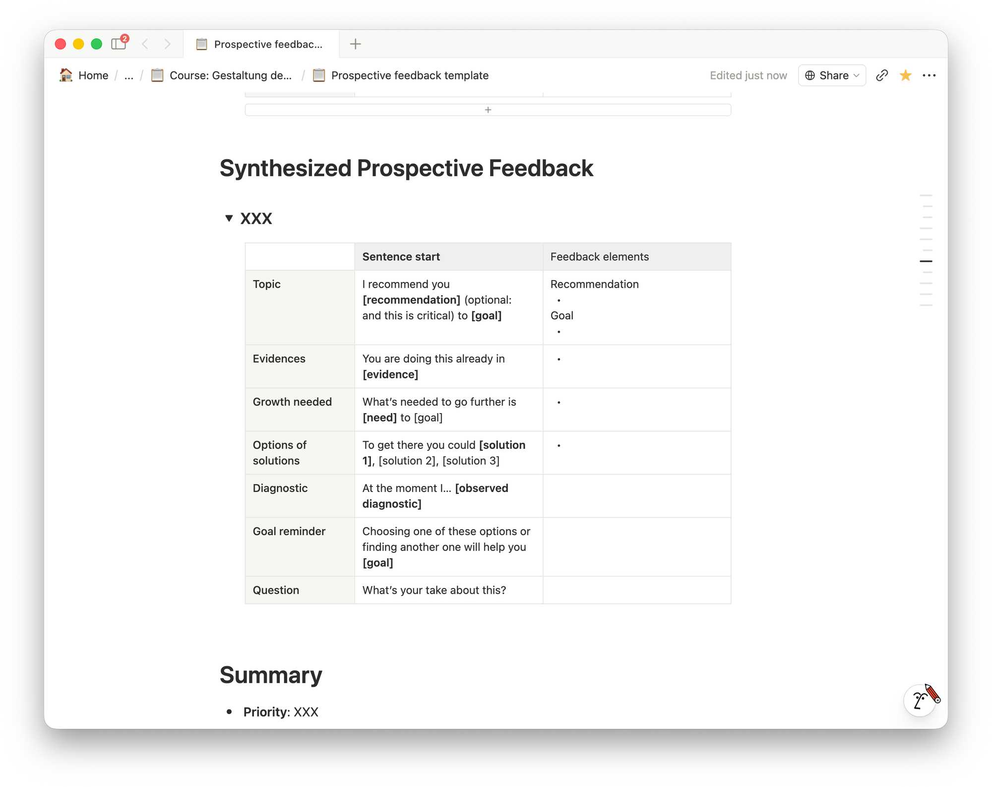 A screenshot of the Notion Template for feedback that works