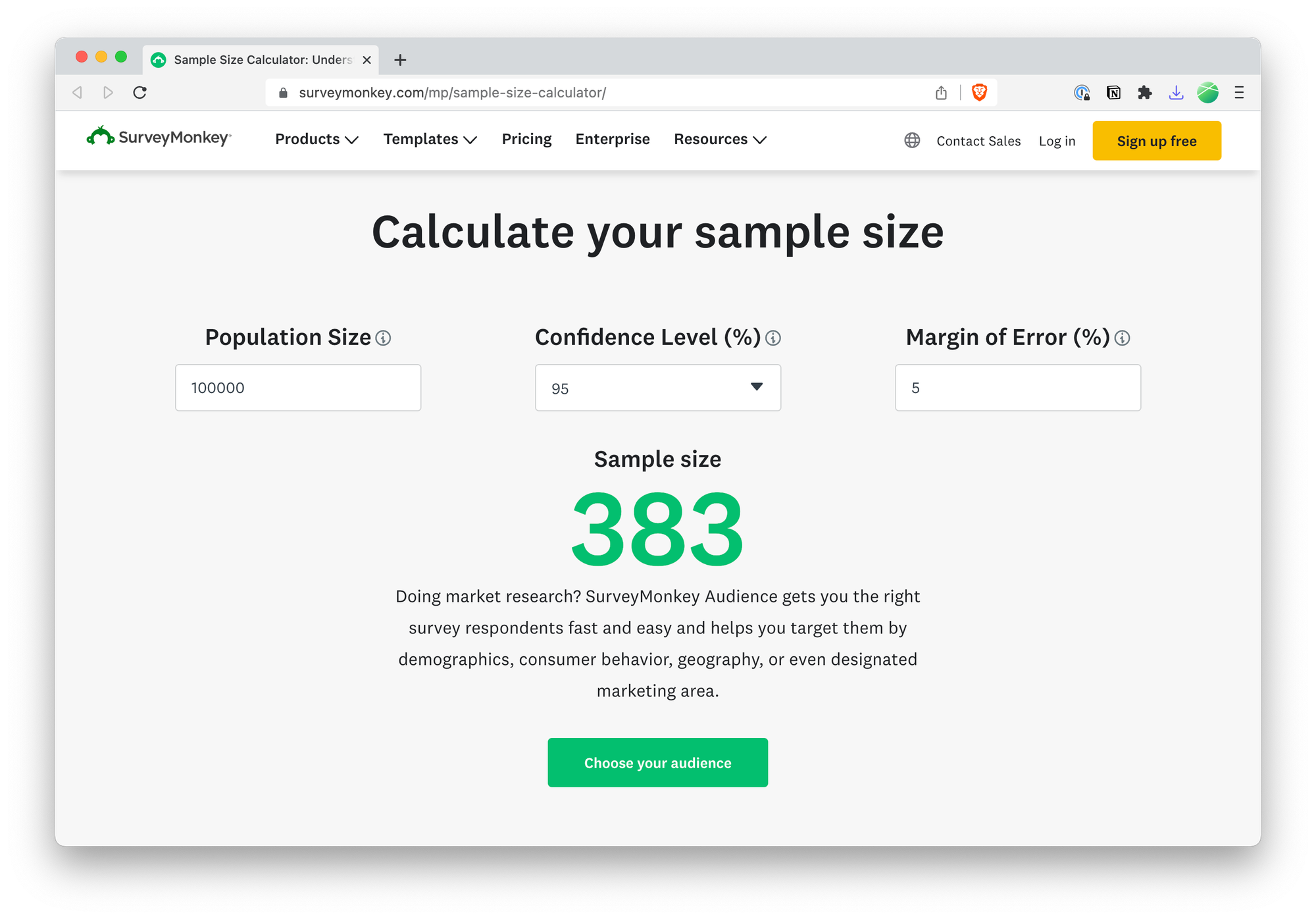 A screenshot of SurveyMonkey's sample size calculator where you enter the population size, confidence and marin of error and the tool gives you the sample size