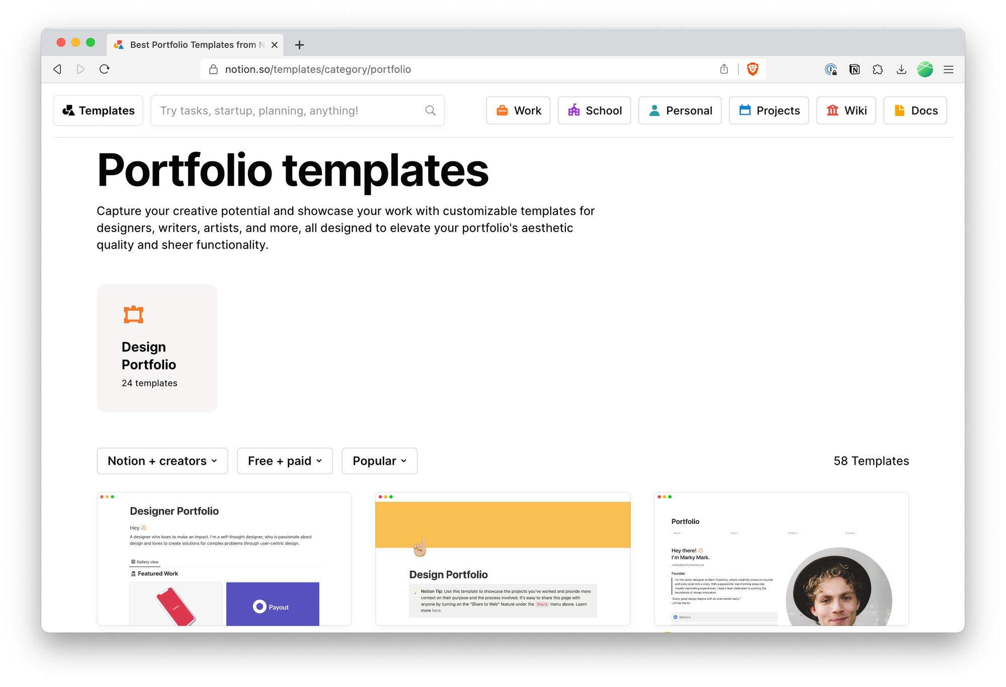 A screenshot of the different portfolio templates on the Notion Marketplace