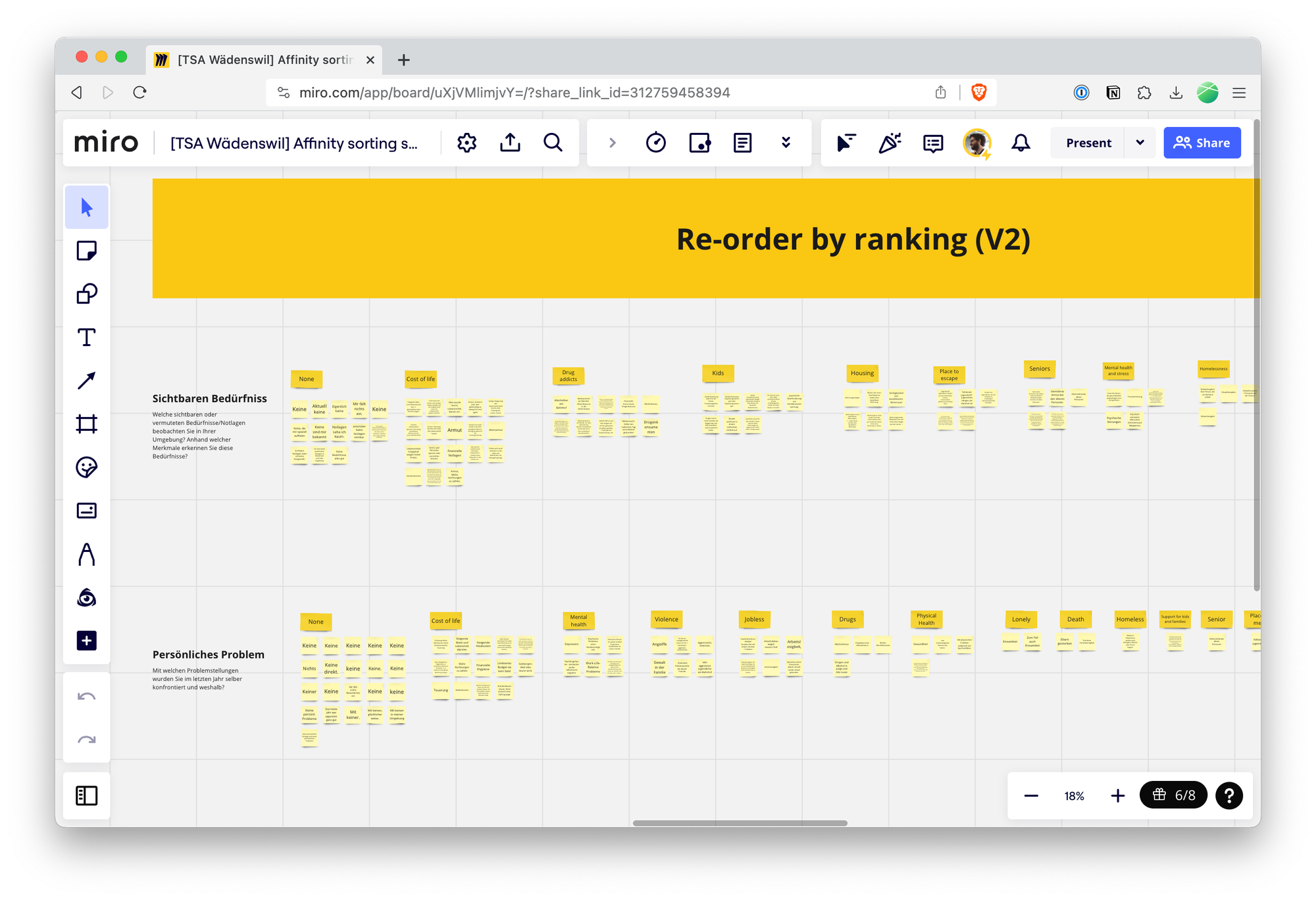 A screenshot of the second draft of affinity sorting done in Miro: with clearer categories and categories ranked by numbers of mentions.