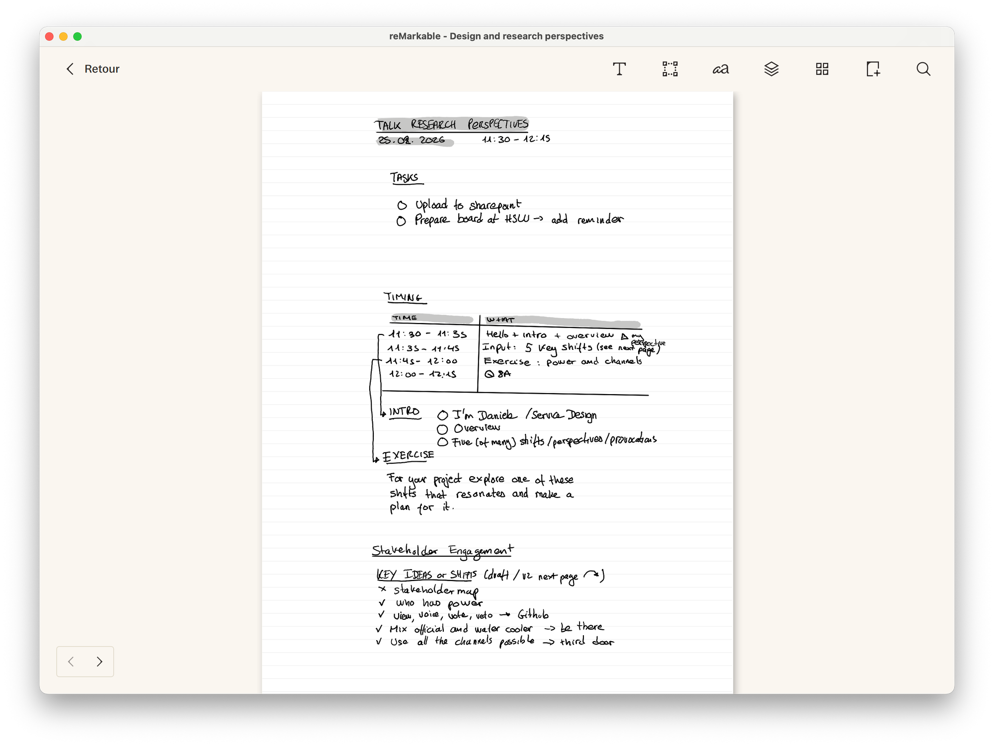 A screenshot showing rough notes I took to structure the course including the timing, exercice, and key ideas