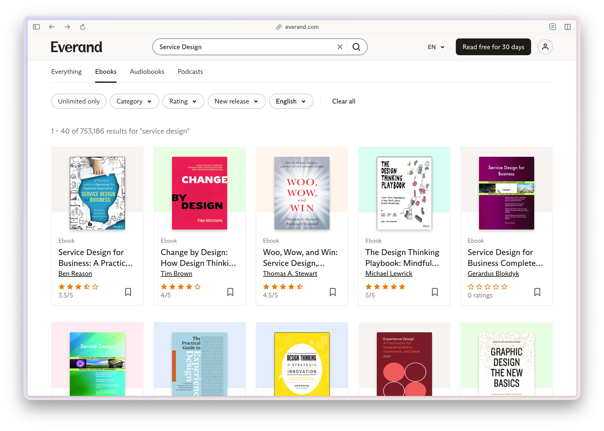 A screenshot of the Everand website showing books related to the term "Service Design"