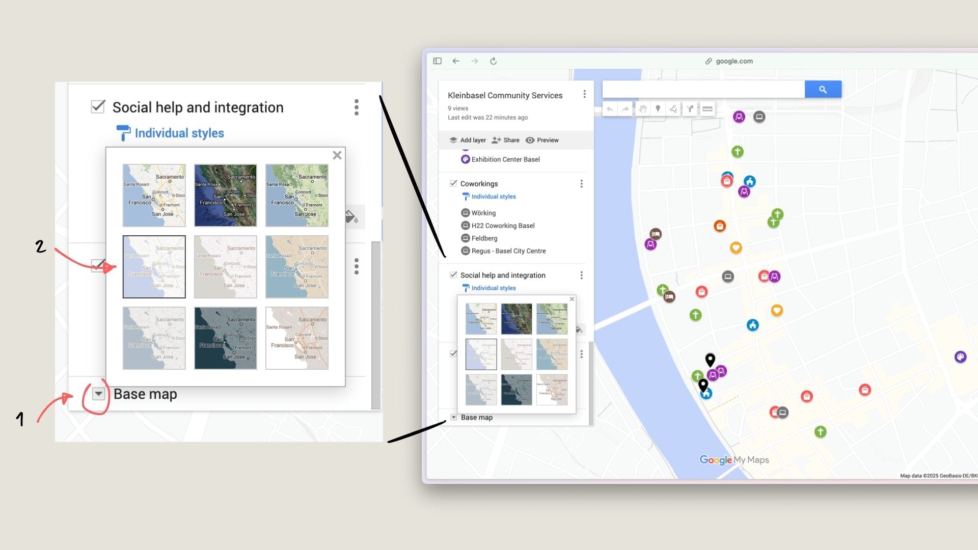 A screenshot showing how to change the style of a custom Google Map by changing the "Base Map"