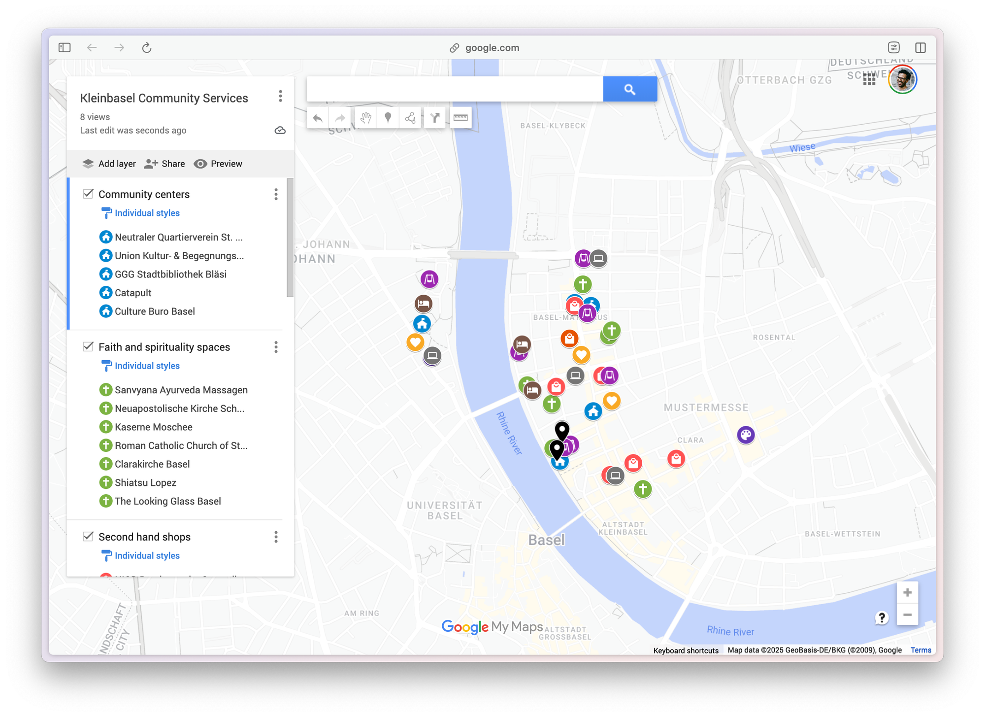 A screenshot of a custom google maps showing different types of businesses grouped by categories