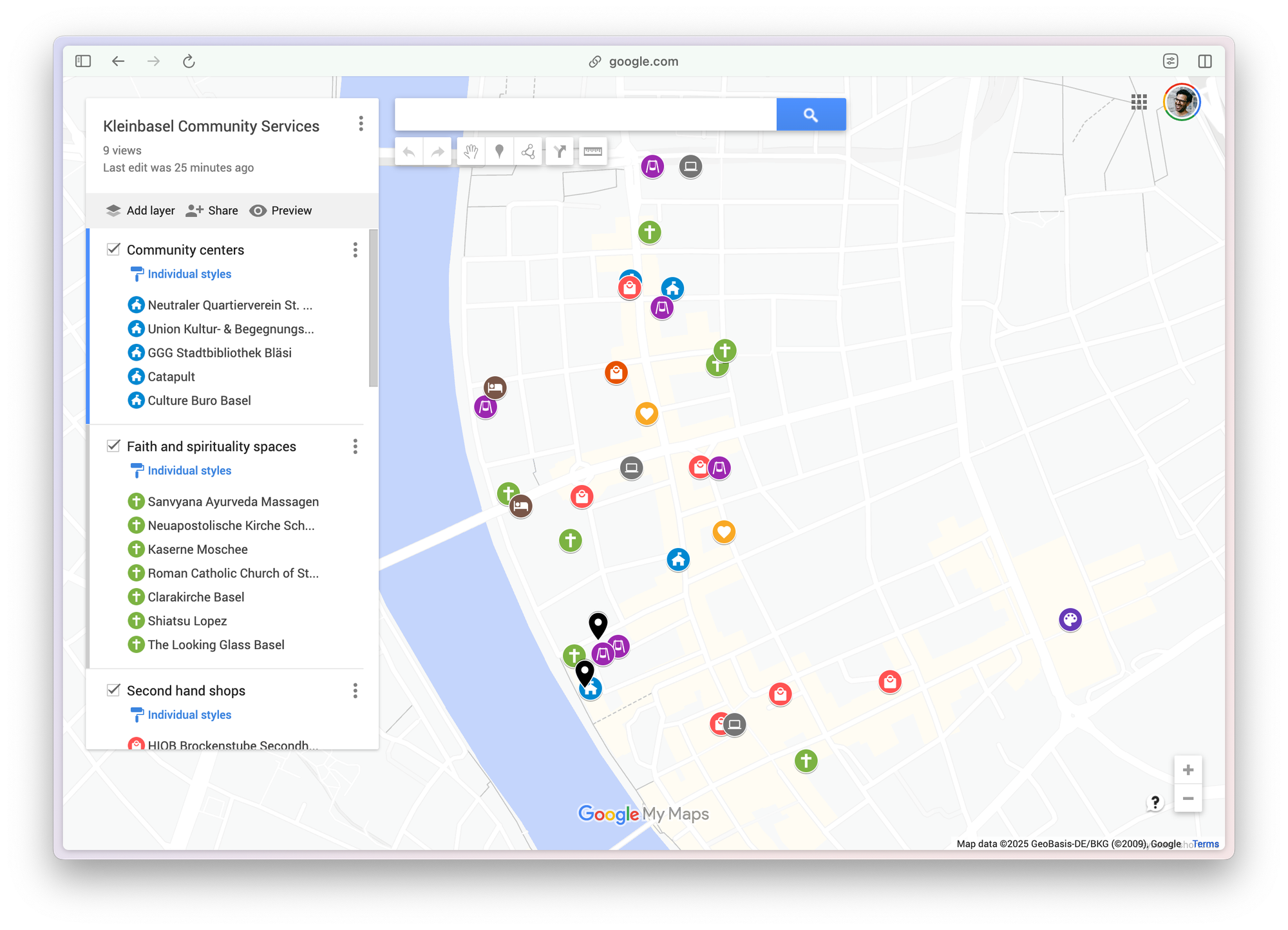 A screenshot of a custom Google Maps with different points grouped by layers