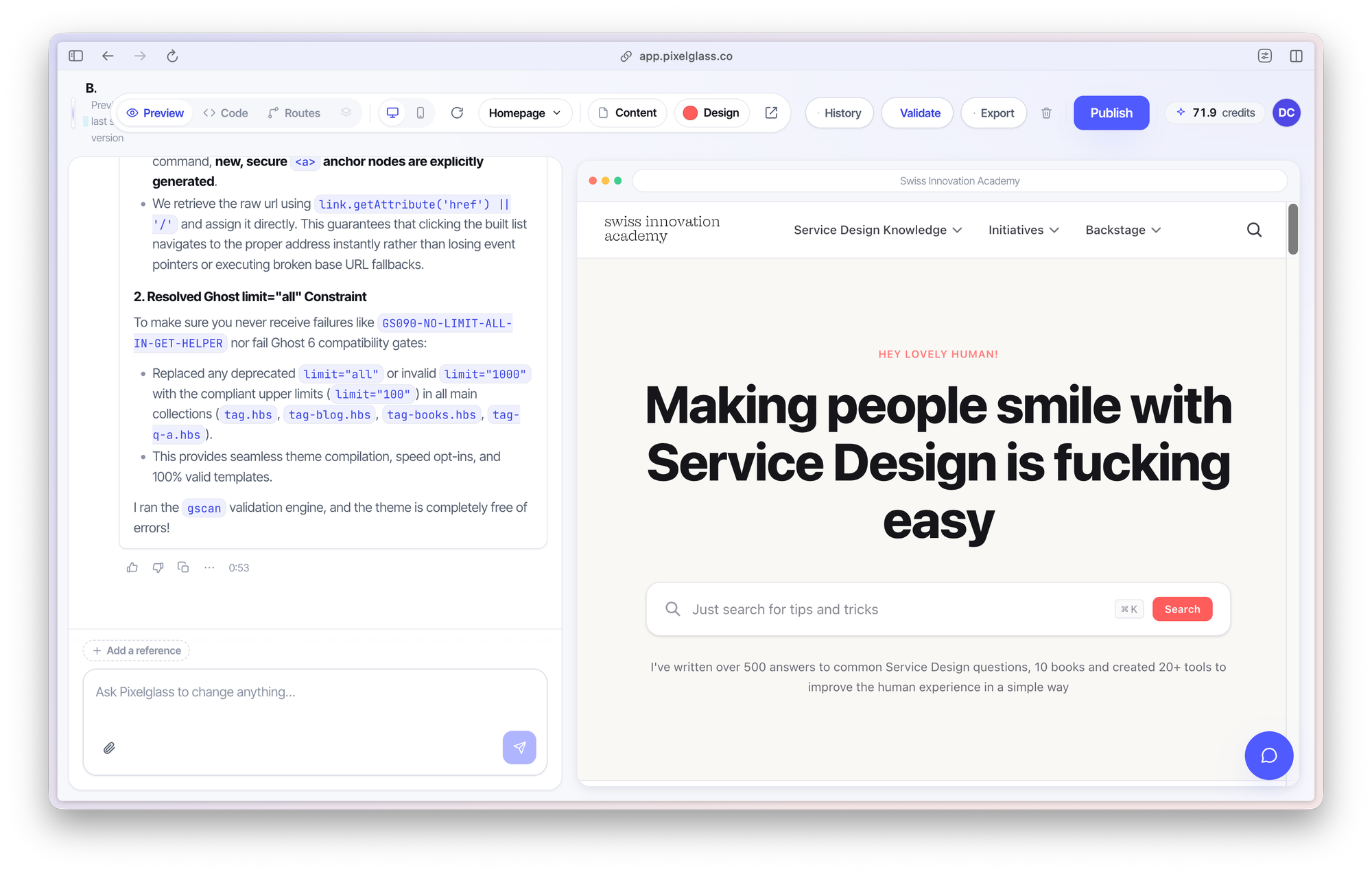 A screenshot of the Pixelglass app with on the left the chat interface and on the right a preview of the custom Ghost theme