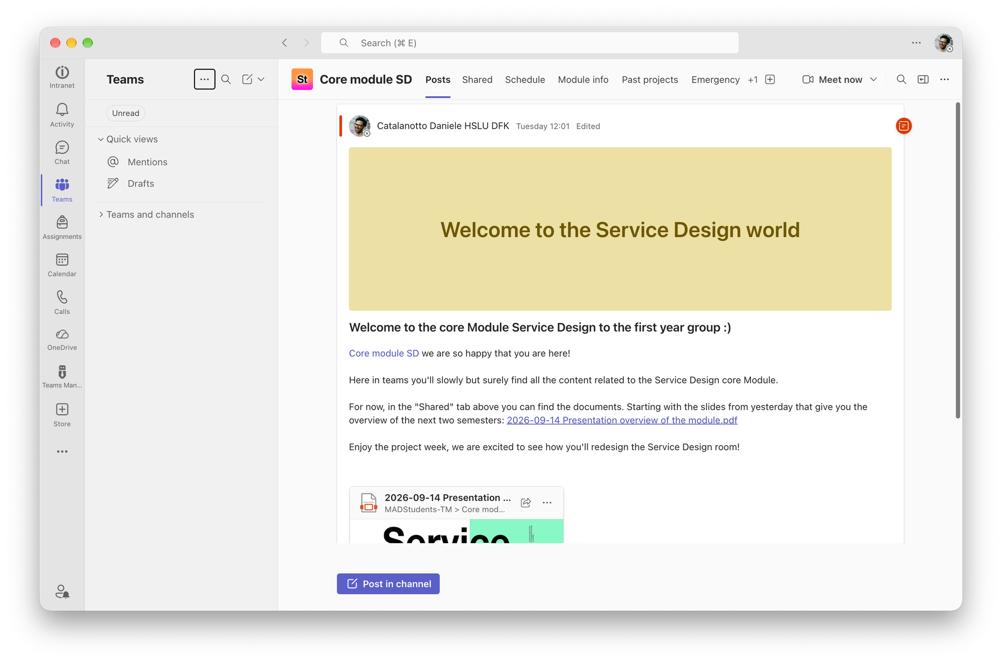 A screenshot showing the Microsoft Teams channel of the Service Design module at the HSLU with all the tabs