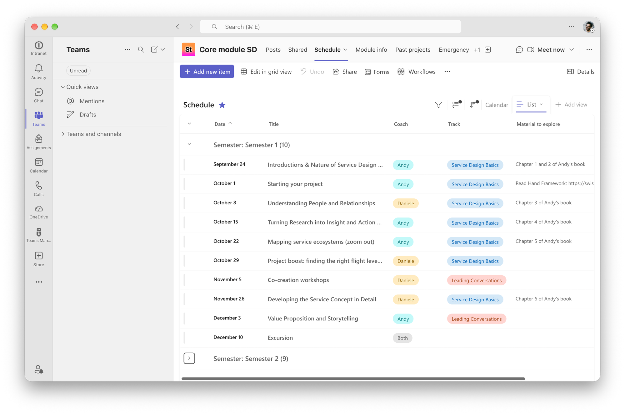 A screenshot of Microsoft Teams with the schedule tab open showing a Microsoft List