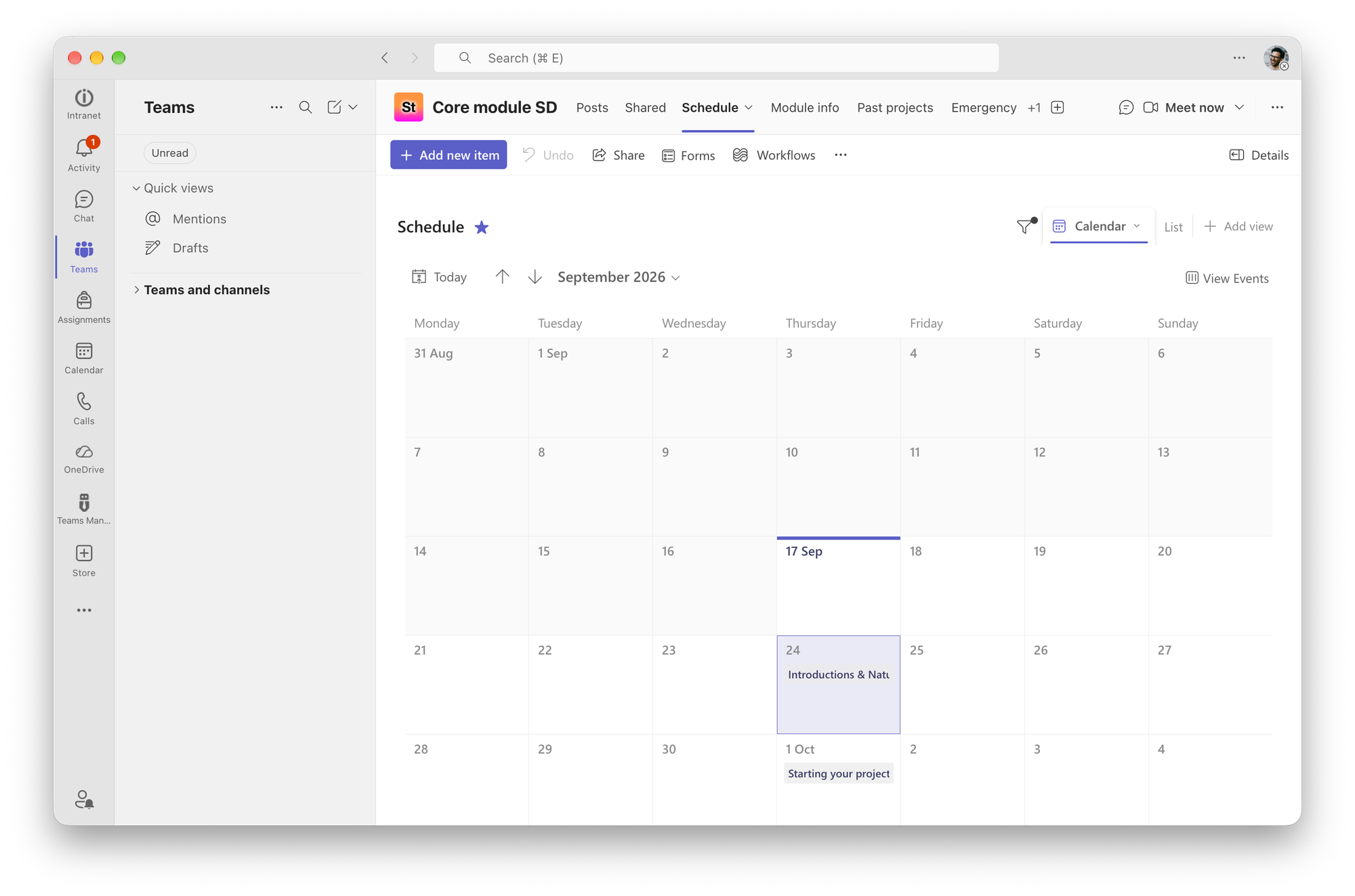 A screenshot showing the calendar view of the schedule made with Microsoft List