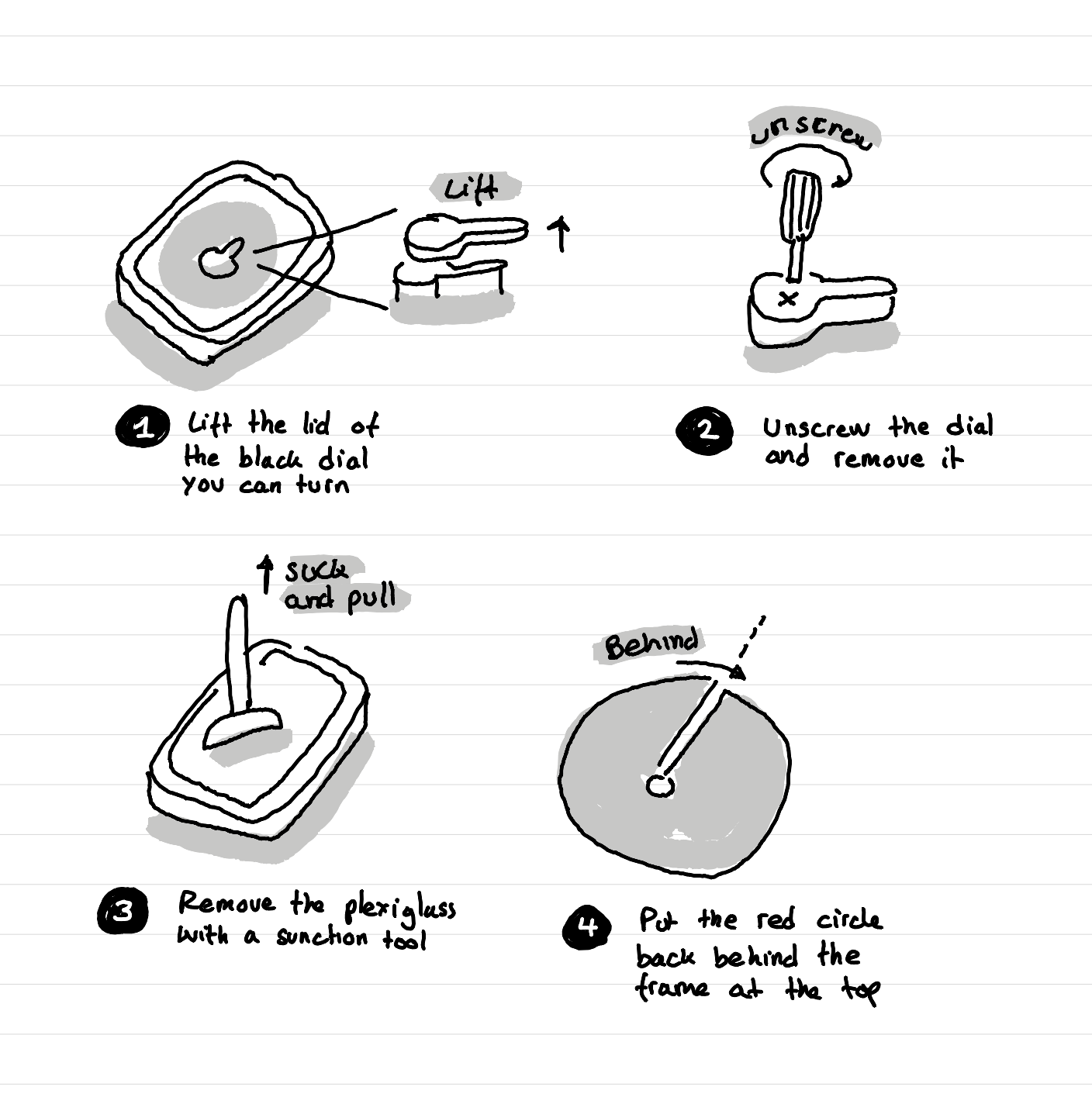 A sketched repair guide for the time timer: 1. life the lid. 2. Unscrew the dial. 3. Pull the plexi. 4. Put the red in the background.