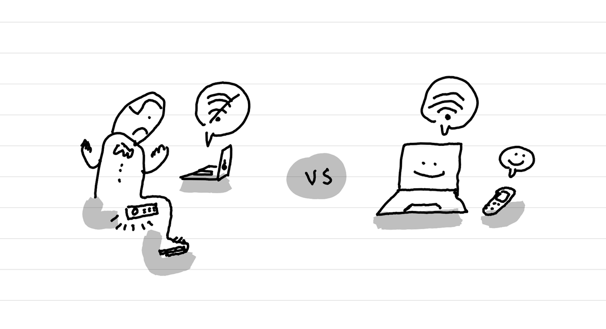 An illustration showing a Punkt phone overheating and shutting down in a pocket, and one happy when next to a laptop and sharing his internet connexion.