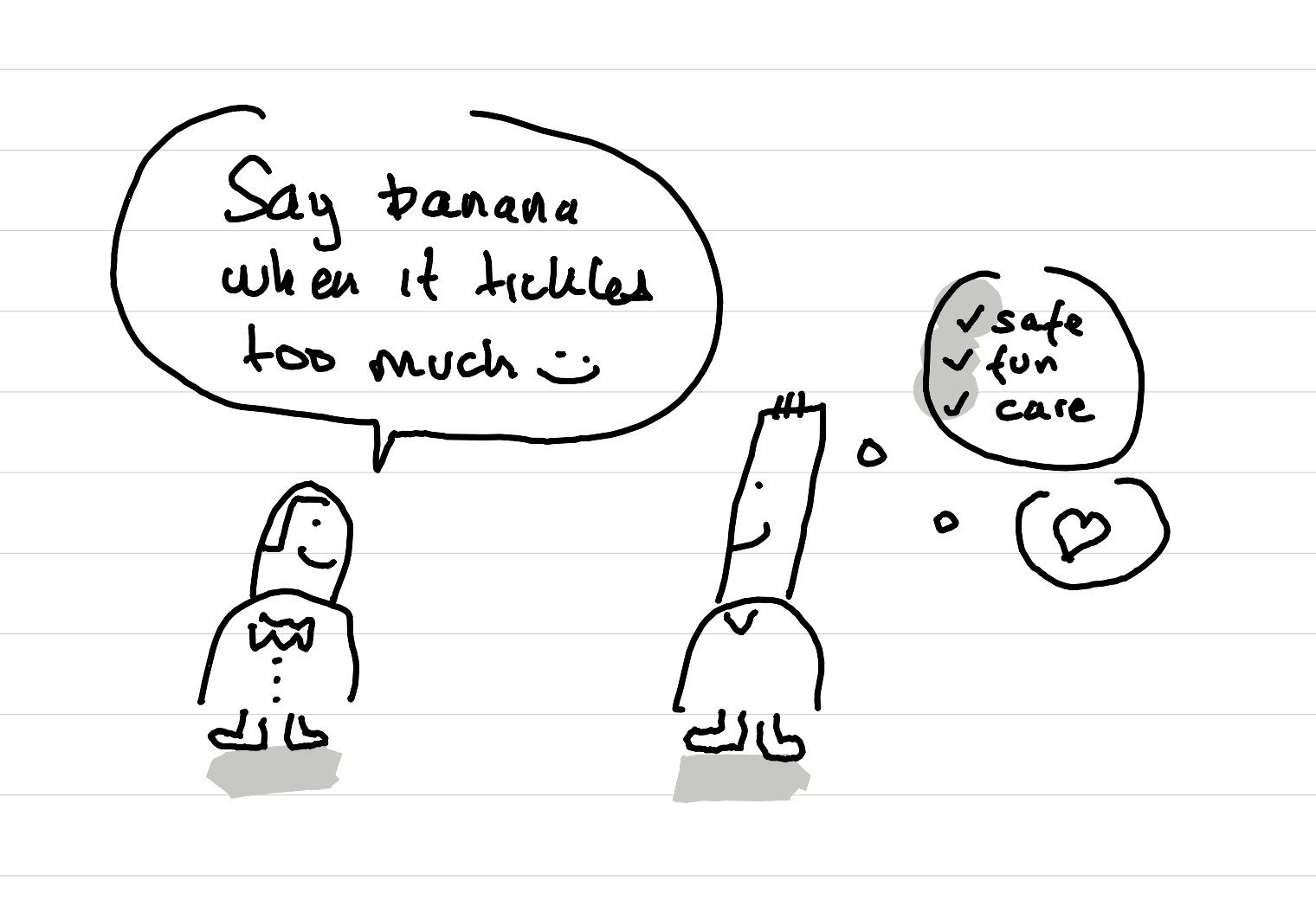 An illustration showing a coach explaining the safe word, and a coachee feeling safe