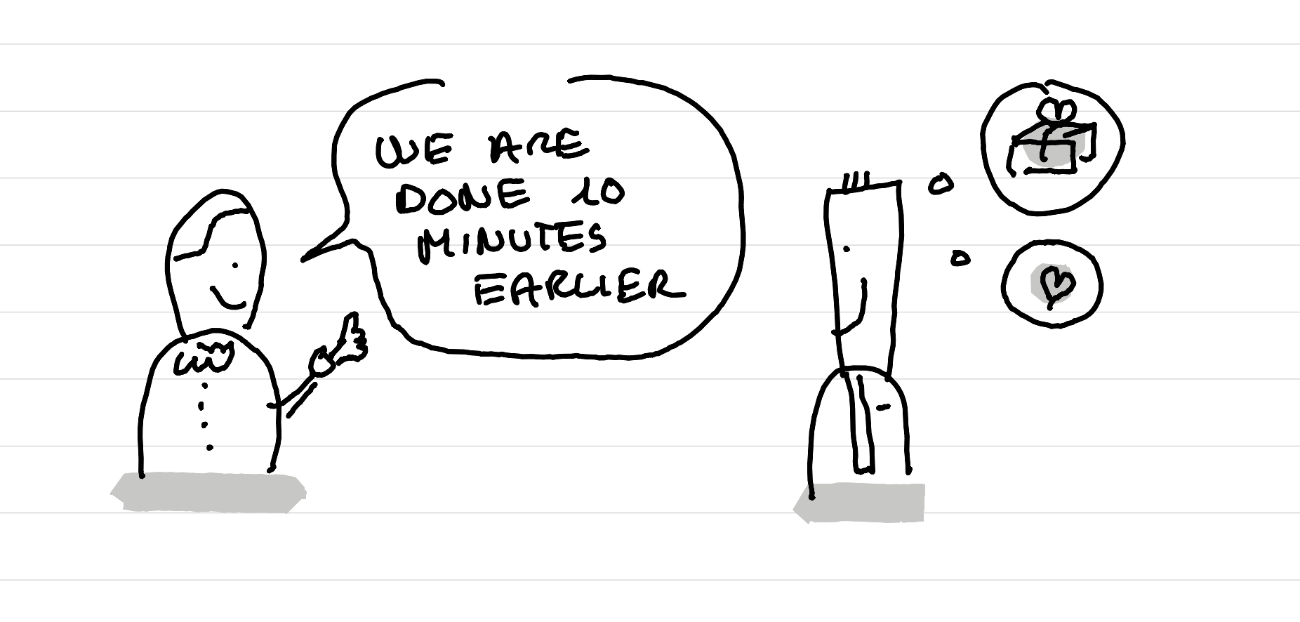 An illustration showing a facilitator saying: We are done 10 minutes earlier, and a business person being happy