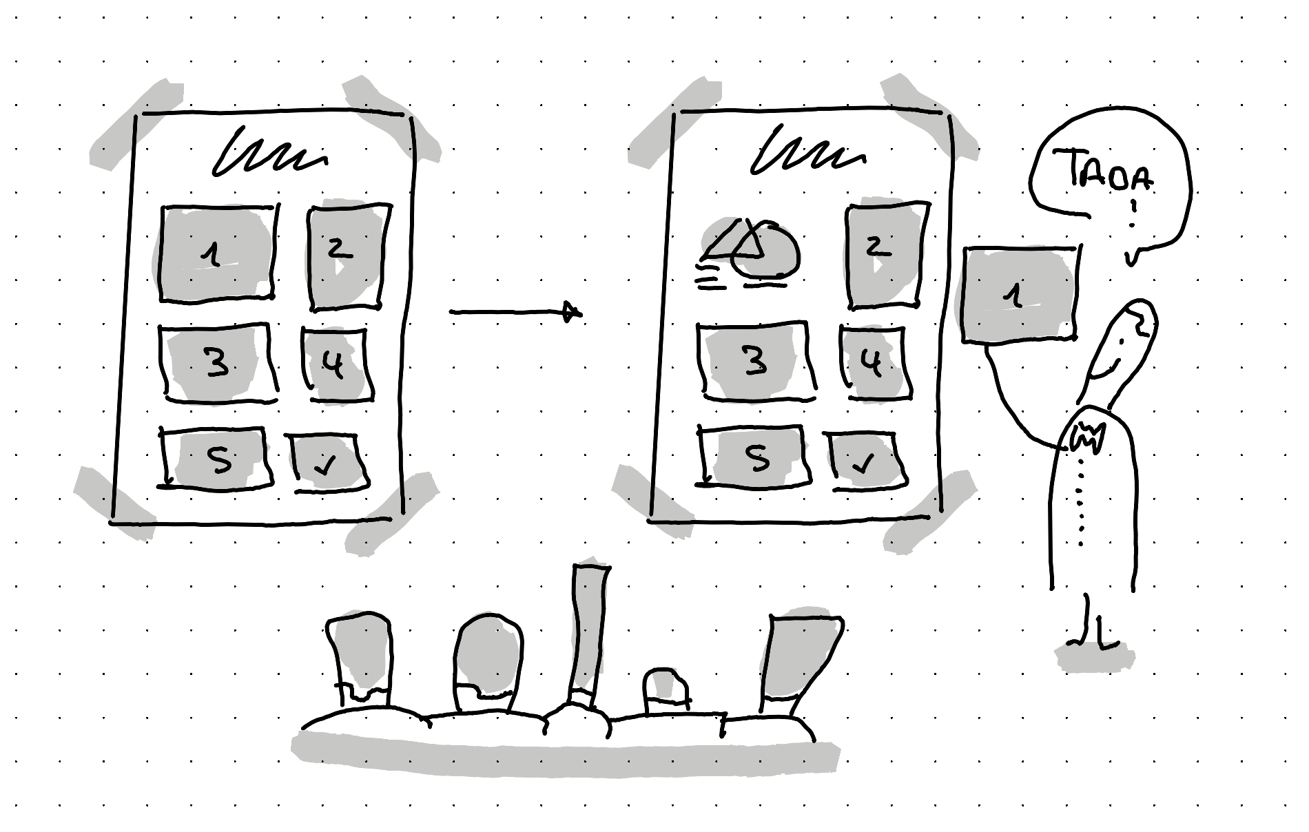 An illustration showing a person revealing hidden illustrations on a huge whiteboard