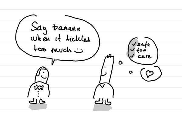 An illustration showing a coach explaining the safe word, and a coachee feeling safe