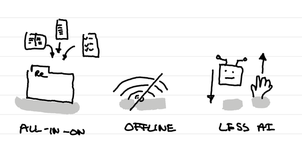 A sketch showing three advantages of Remarkable on mac: All-in one, offline, less AI