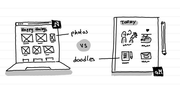 An illustration showing a notion database with photos and a remarkable tablet with doodles. Both used as visual gratitude journals